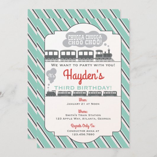 Uitnodiging voor een treinverjaardagsfeestje,  (Voorkant / Achterkant)