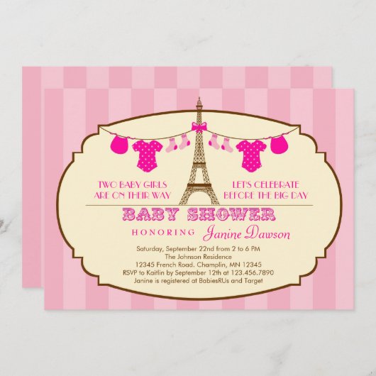 uitnodiging voor een tweelingse Baby shower eiffel (Voorkant / Achterkant)