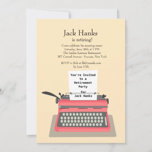 Uitnodiging voor een Type writer Retirement Party (Voorkant)