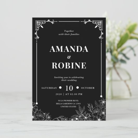 Uitnodiging voor een zwart-wit huwelijk (Staand voorkant)