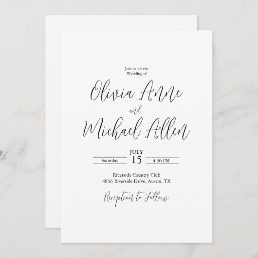 Uitnodiging voor een zwart-wit legant script bruil (Voorkant / Achterkant)