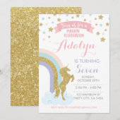 Uitnodiging voor eenhoorn, magisch verjaardagsfees (Voorkant / Achterkant)