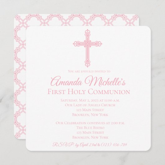 Uitnodiging voor Eerste Communie met Kruis en Vier (Voorkant / Achterkant)