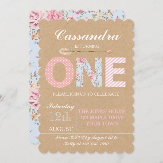 Uitnodiging voor eerste verjaardag meisje - Shabby (Voorkant / Achterkant)