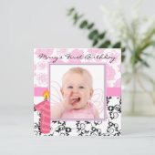 Uitnodiging voor eerste verjaardag van Baby Girl (Staand voorkant)