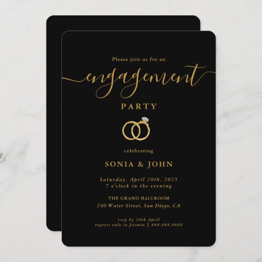 Uitnodiging voor Elegant Black and Gold-verlofpart (Voorkant / Achterkant)