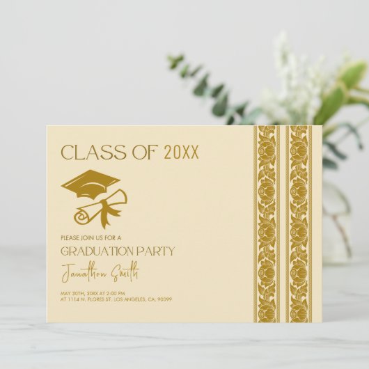 Uitnodiging voor Elegant Gold Graduation Party (Staand voorkant)