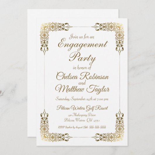 Uitnodiging voor Elegant Gold Lace Engagement (Voorkant / Achterkant)