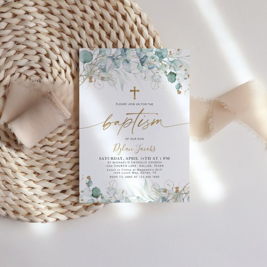 Uitnodiging voor eucalyptusblad en gouden doop