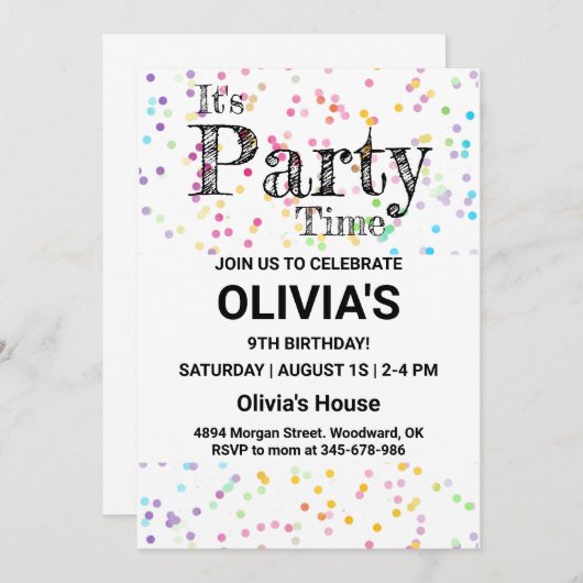 Uitnodiging voor feest met confetti, Het is tijd o (Voorkant / Achterkant)