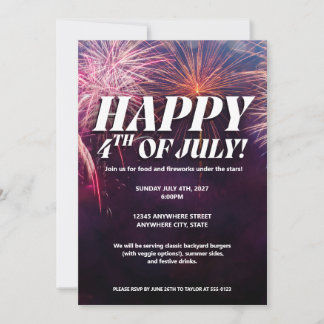 Uitnodiging voor feest met vuurwerk op 4 juli