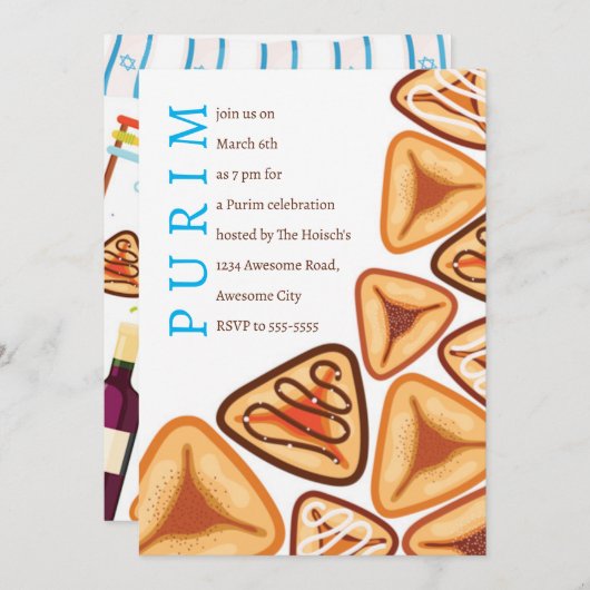 Uitnodiging voor Festieve Purim Hamentashen (Voorkant / Achterkant)