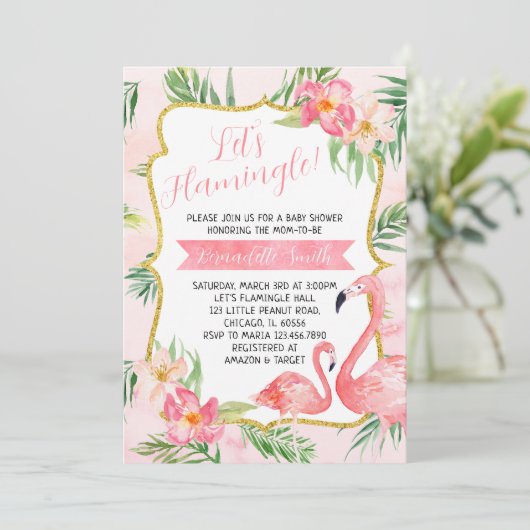 Uitnodiging voor Flamingo Baby Shower (Staand voorkant)