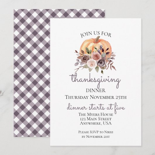 Uitnodiging voor Florale Pompoen Thanksgiving-dine (Voorkant / Achterkant)