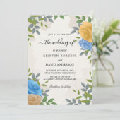 uitnodiging voor florgeel en blauwe bruiloft (Staand voorkant)