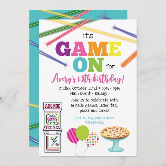 Uitnodiging voor Game On Arcade Pizza Feestje (Voorkant / Achterkant)