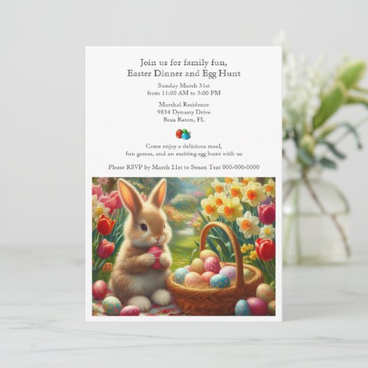 Uitnodiging voor gezins Pasen met diner en eierjac (Staand voorkant)