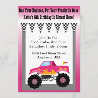 Uitnodiging voor Girls Pink Monster Truck Party