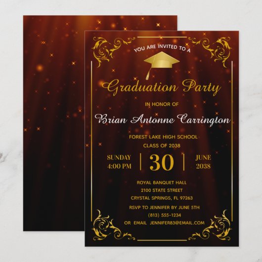 Uitnodiging voor Gold Flourish Lijst Graduy Party (Voorkant / Achterkant)