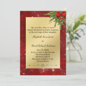 Uitnodiging voor gouden en rode kerstbruiloft (Staand voorkant)