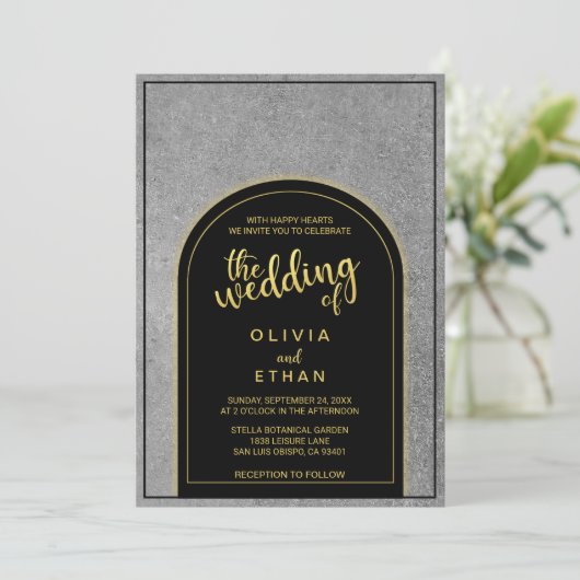 Uitnodiging voor gouden en zwarte bruiloft in de e (Staand voorkant)