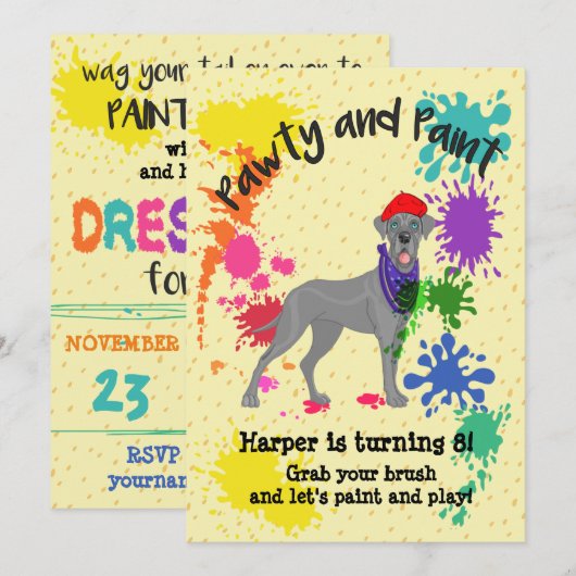 Uitnodiging voor Great Dane Dog Art Birthday Party (Voorkant / Achterkant)