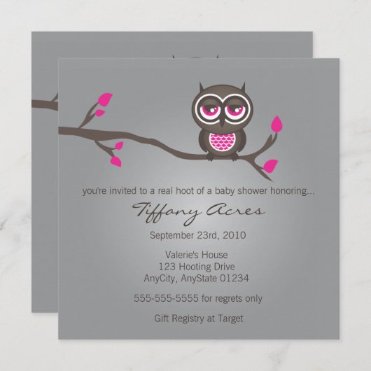 Uitnodiging voor grijze, roze en bruine uil (Voorkant / Achterkant)