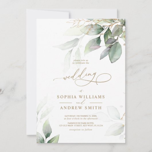 Uitnodiging voor groene en gouden eucalyptusbruilo (Voorkant)