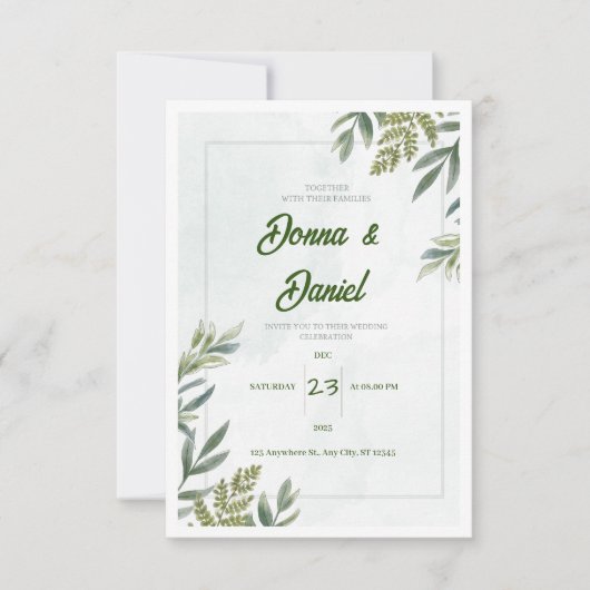 Uitnodiging voor groene Floral Wedding (Voorkant)
