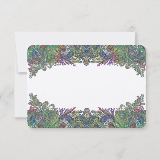 Uitnodiging voor groene Raspberry Blue Damask Wedd (Achterkant)