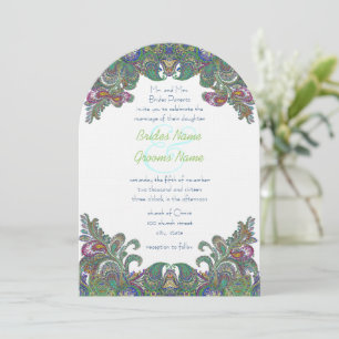 Uitnodiging voor groene Raspberry Blue Damask Wedd