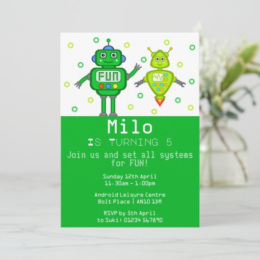 Uitnodiging voor groene robots Birthday Party (Staand voorkant)