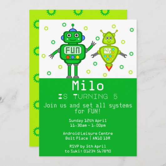 Uitnodiging voor groene robots Birthday Party (Voorkant / Achterkant)
