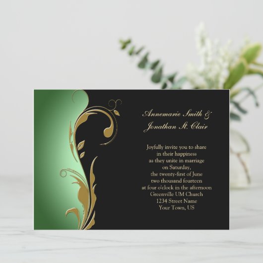 uitnodiging voor groene zwarte en gouden bruiloft (Staand voorkant)