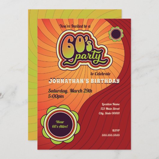 Uitnodiging voor Groovy 60's Feest (Voorkant / Achterkant)