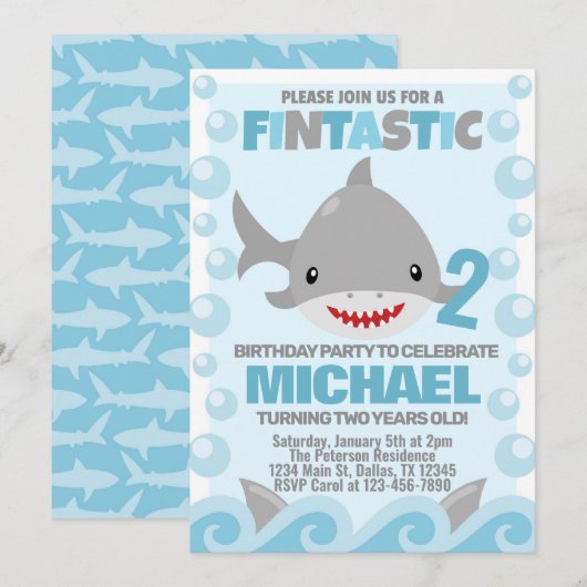 Uitnodiging voor haaienverjaardagsfeestje (Voorkant / Achterkant)