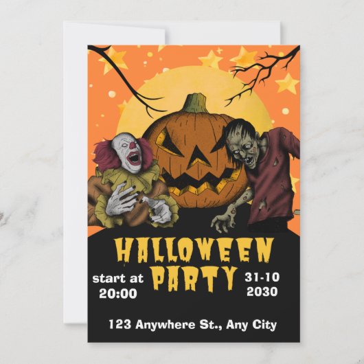 Uitnodiging voor Halloween Party | Zombie en clown (Voorkant)