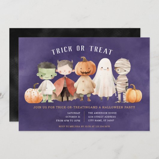 Uitnodiging voor Halloween Trick or Treat-feest (Voorkant / Achterkant)