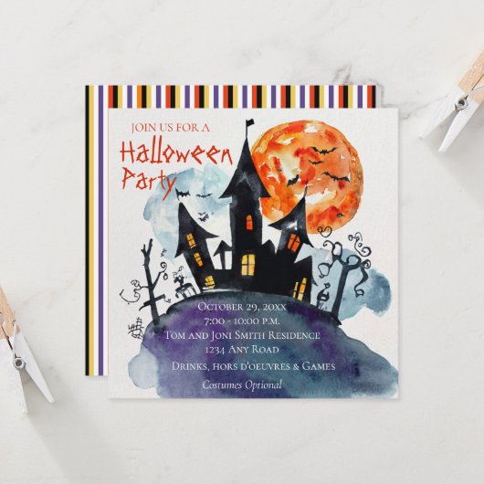 Uitnodiging voor Haunted Mansion Halloween Party (Voorkant / Achterkant in situ)