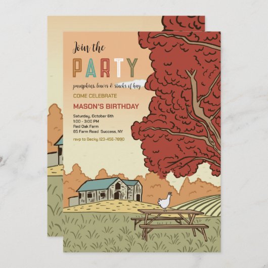 Uitnodiging voor herfstboerderij-landschapsfeestje (Voorkant / Achterkant)