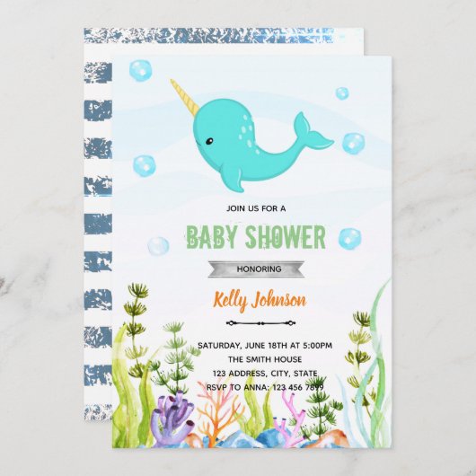 Uitnodiging voor het douchen van Narwhal (Voorkant / Achterkant)