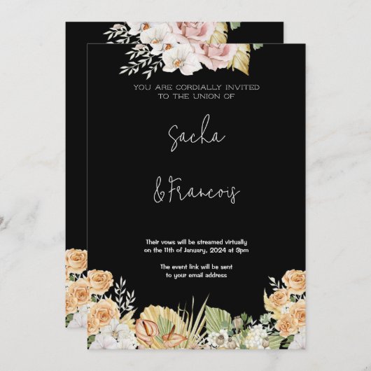 Uitnodiging voor het huwelijk | Witte bloemen en g (Voorkant / Achterkant)