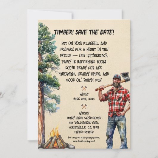 Uitnodiging voor het themafeest van Lumberjack (Voorkant)