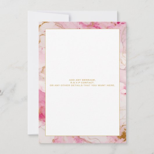 Uitnodiging voor het trouwen tegen roze en gouden  (Achterkant)