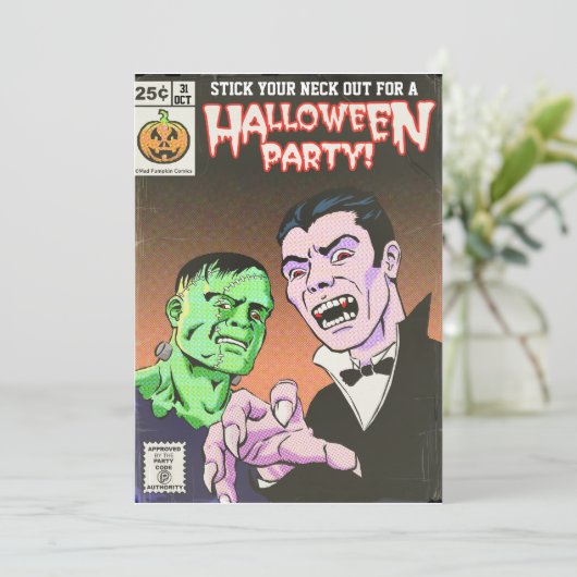 Uitnodiging voor  horror Comic Halloween-partij (Staand voorkant)