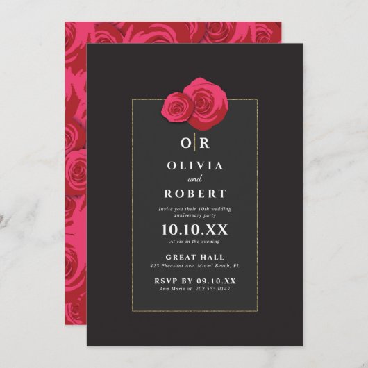 Uitnodiging voor huwelijksjubileum met rode roos (Voorkant / Achterkant)