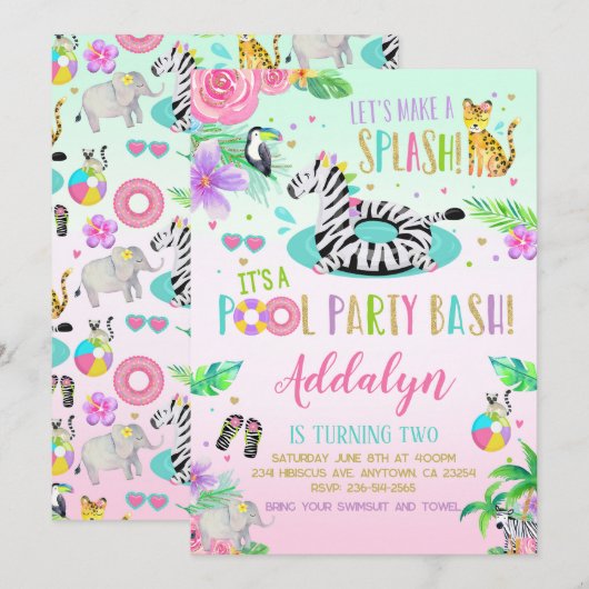 Uitnodiging voor Jungle Pool Party (Voorkant / Achterkant)