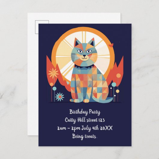 Uitnodiging voor kat retro feestje (Voorkant / Achterkant)