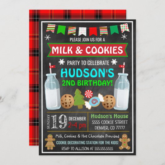 Uitnodiging voor kerst met melk en koekjes (Voorkant / Achterkant)