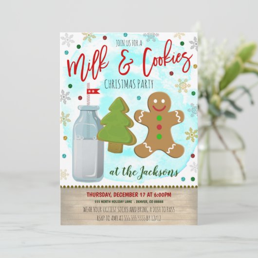 Uitnodiging voor kerst van melk en koekjes (Staand voorkant)